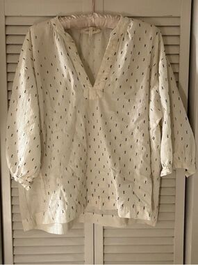 The Great Cotton Ivory Blue Tuft Puff Sleeve Oversized Blouse Size 0